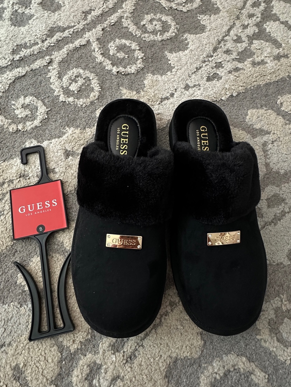 Guess Black Faux Fur Slide Mules with Gold Logo Plaque
